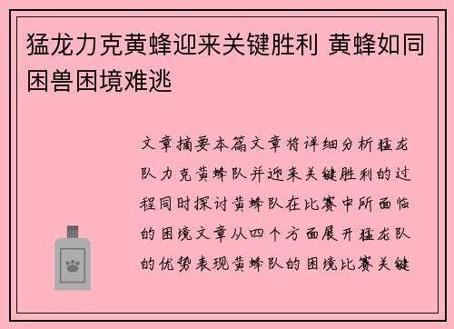 猛龙力克黄蜂迎来关键胜利 黄蜂如同困兽困境难逃