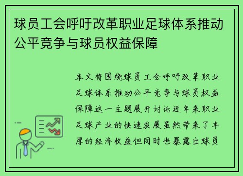 球员工会呼吁改革职业足球体系推动公平竞争与球员权益保障