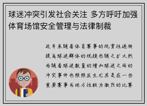 球迷冲突引发社会关注 多方呼吁加强体育场馆安全管理与法律制裁