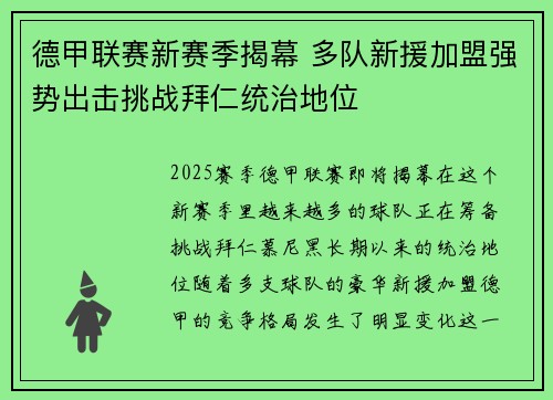 德甲联赛新赛季揭幕 多队新援加盟强势出击挑战拜仁统治地位