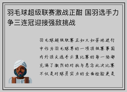 羽毛球超级联赛激战正酣 国羽选手力争三连冠迎接强敌挑战