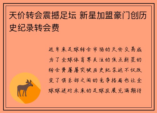 天价转会震撼足坛 新星加盟豪门创历史纪录转会费