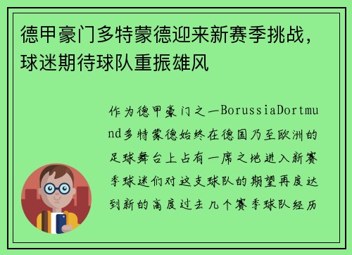 德甲豪门多特蒙德迎来新赛季挑战，球迷期待球队重振雄风