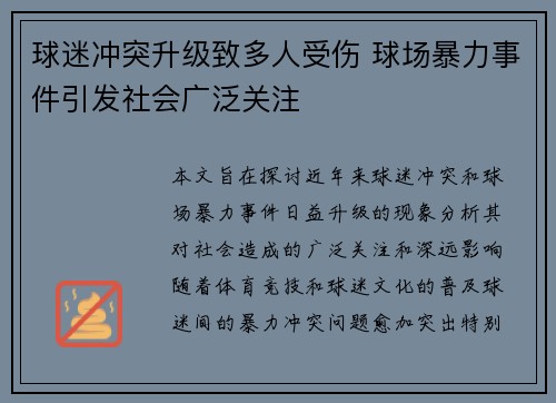 球迷冲突升级致多人受伤 球场暴力事件引发社会广泛关注