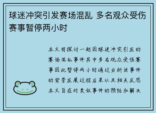 球迷冲突引发赛场混乱 多名观众受伤赛事暂停两小时