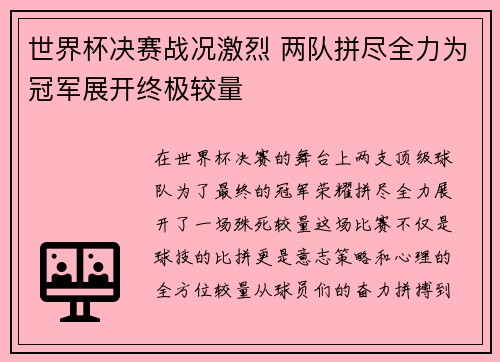 世界杯决赛战况激烈 两队拼尽全力为冠军展开终极较量